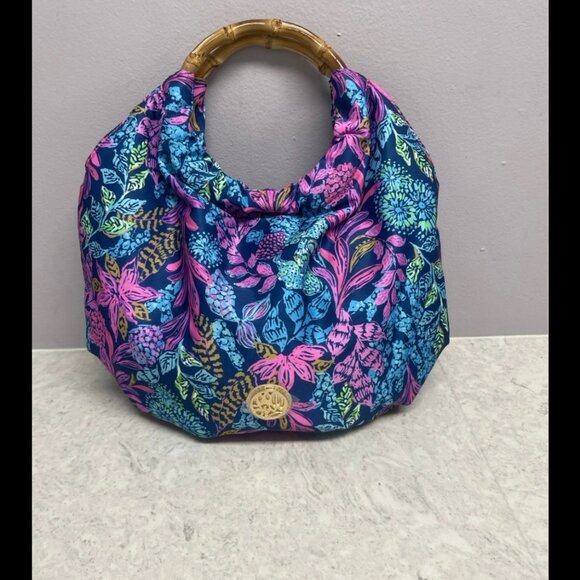Lilly Pulitzer GWP Bamboo Handbag Aegean Navy Calypso Coast - Picture 3 of 4